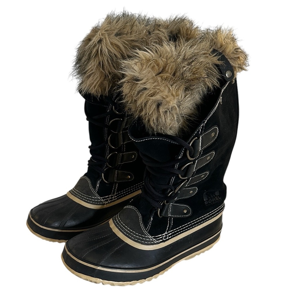 Sorel Women's Joan of Arctic Waterproof Black Winter Faux Fur Snow Boots Size 9